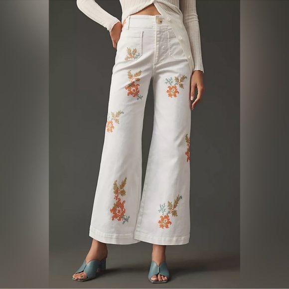 Maeve by Anthropologie The Colette Floral Embroidered Cropped Wide-Leg Jeans
